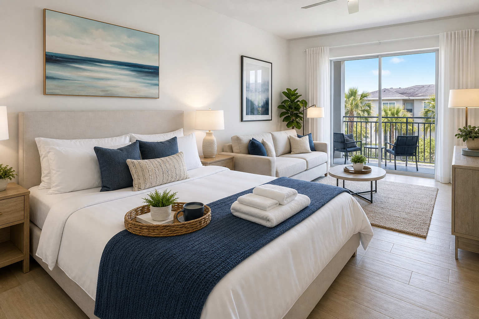 Guest-ready bedroom with crisp linens and natural light