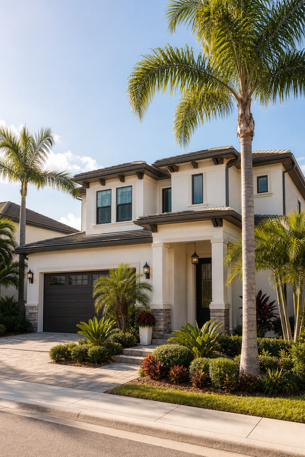 Palm-lined Florida residence with a landscaped entrance